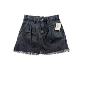 Free People Sidecar Black Denim Mini Skirt 26 Western Boho Raw Hem Retro Yoke